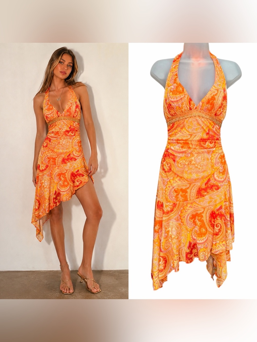 Vintage City Triangles Y2K Asymmetrical Mesh Paisley Halter Dress Women's S